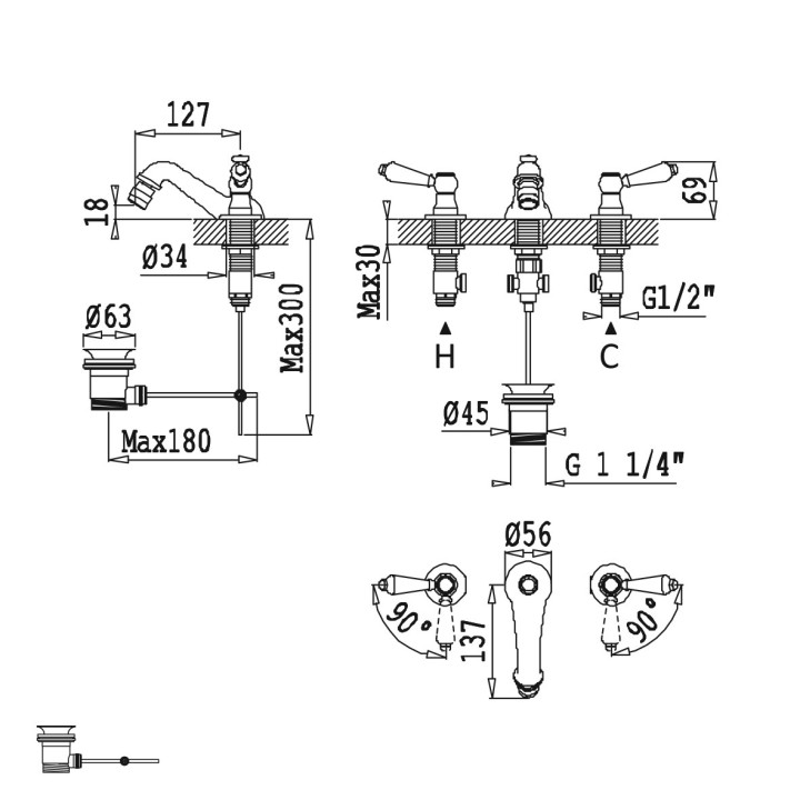 Bateria bidetowa stojąca Bruma Nautic chrom