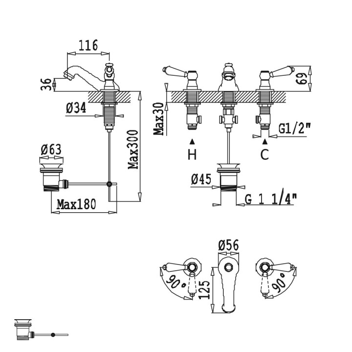 Bateria umywalkowa 3-otworowa Bruma Breeze, stojąca, korek klik-klak, chrom