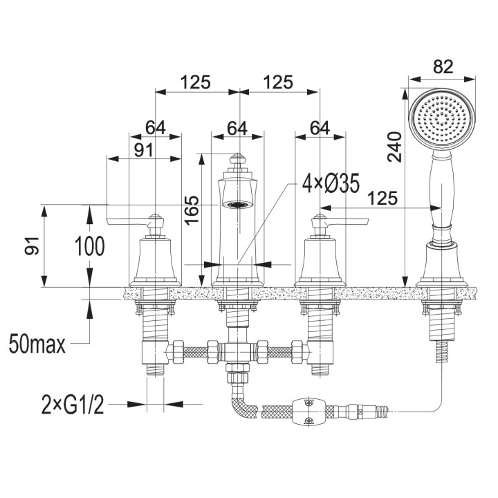Bateria wannowa 4-otworowa Omnires Armance miedź antyczna wylewka 20cm
