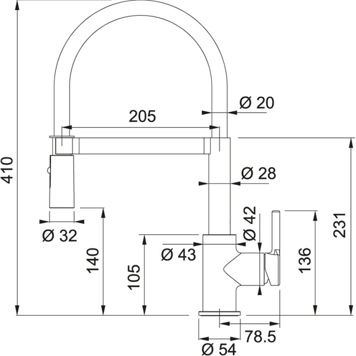 Bateria kuchenna Franke Lina, stojąca, wysokość 410mm, wyciągana wylewka z funkcją prysznica, szary/chrom