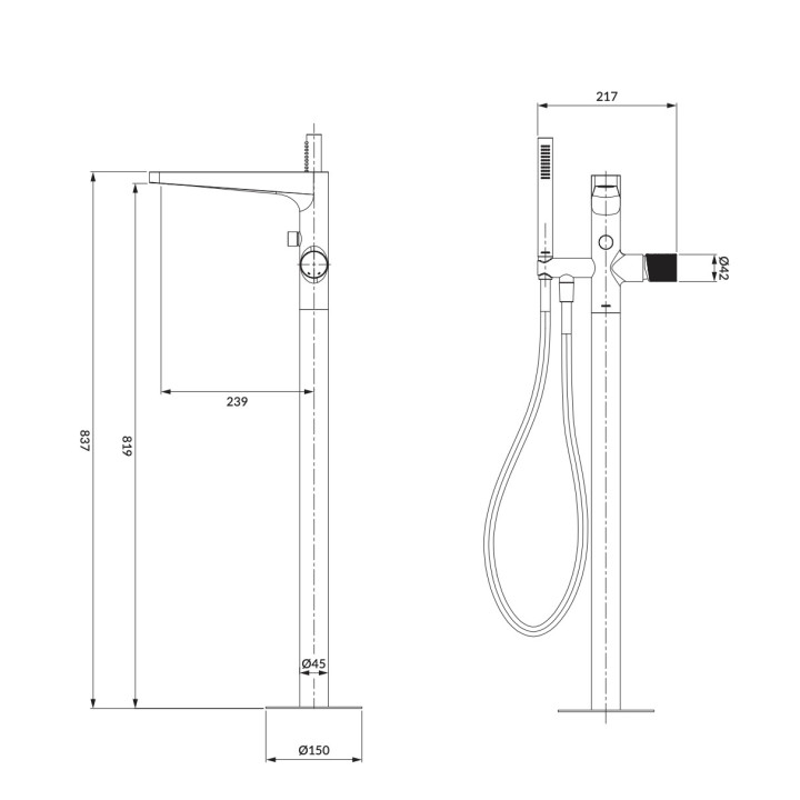 Bateria wannowa 4-otworowa Omnires Contour, stojąca, 2 wyjścia wody, zestaw natryskowy, chrom