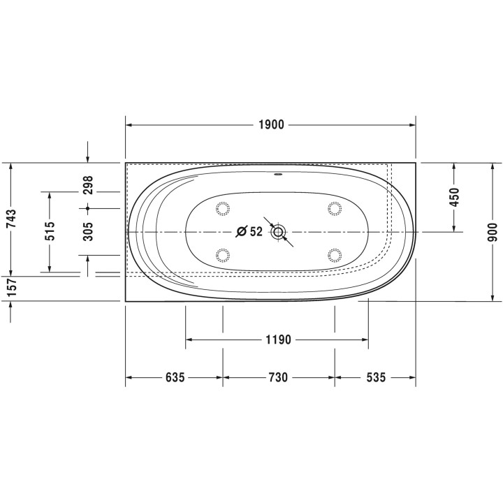 Wanna narożna lewa Duravit Cape Cod, 190x90cm, 1 ukośne opracie, bezszwowa obudowa, biała