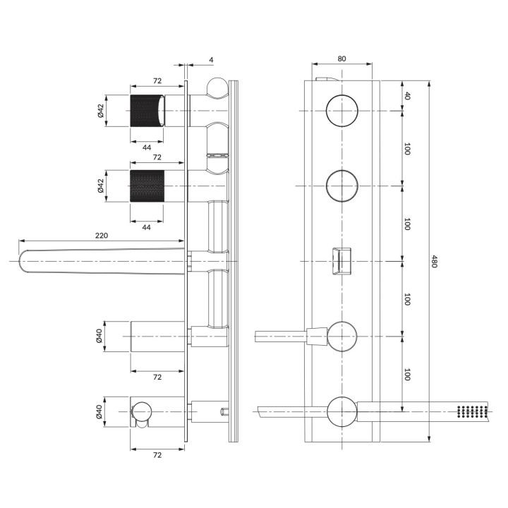 Bateria prysznicowo-wannowa Omnires Contour, podtynkowa, 2 wyjścia wody, zestaw natryskowy, chrom