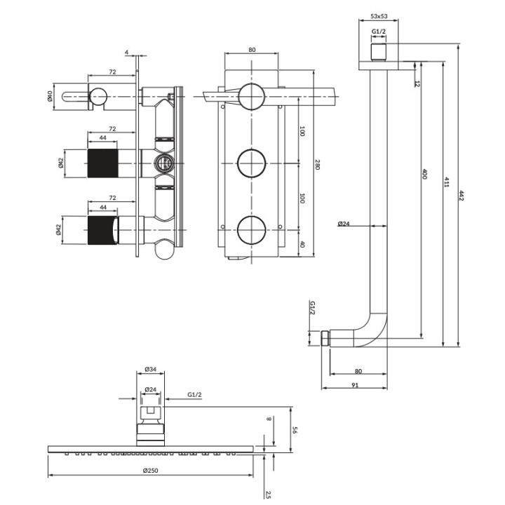 Termostatyczny system natryskowy Omnires Contour, natynkowy, 2 wyjscia wody, deszczownica okrągła 250mm, słuchawka 1-funkcyjna, 