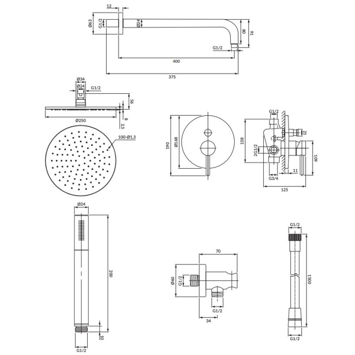 Termostatyczny zestaw prysznicowy Omnires Contour, podtynkowy, 2 wyjścia wody, antracyt