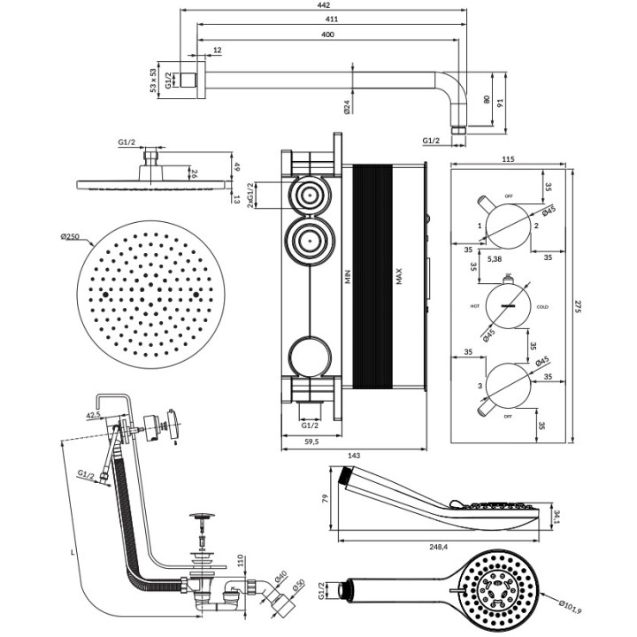Termostatyczny system prysznicowy Omnires Y, podtynkowy, 2 wyjścia wody, deszczownica 25cm, słuchawka 5-funkcyjna, chrom
