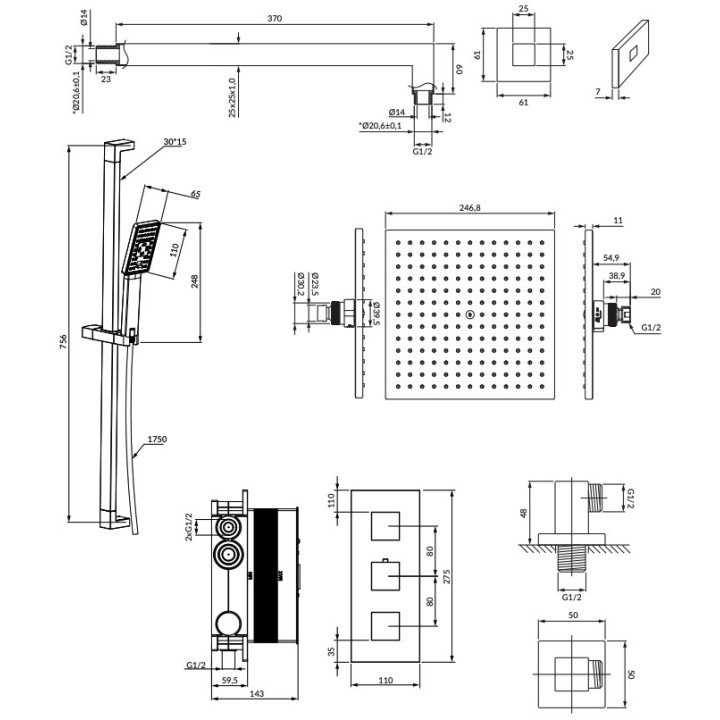 System prysznicowy Omnires Y, podtynkowy, 2 wyjścia wody, deszczownica 25cm, słuchawka 1-funkcyjna, chrom