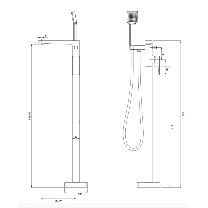 Bateria wannowa 4-otworowa Omnires Parma, stojąca, 2 wyjścia wody, wylewka 205mm, zestaw natryskowy, grafit