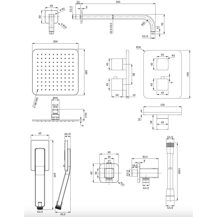 System prysznicowy Omnires Parma, podtynkowy, 2 wyjścia wody, deszczownica 20x20cm, słuchawka 3-funkcyjna, grafit