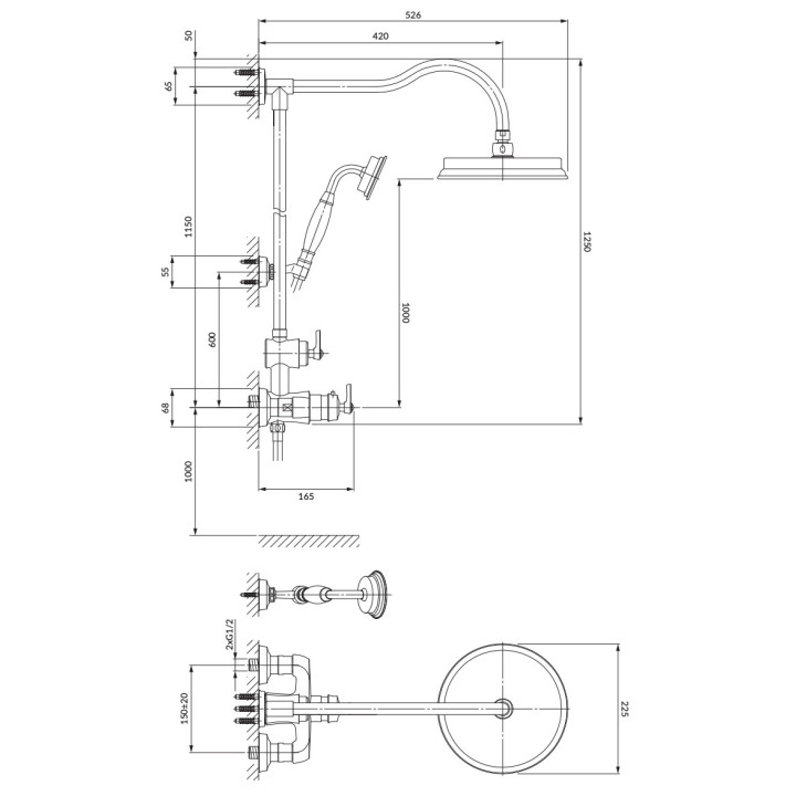 Zestaw prysznicowy natynkowy Omnires Armance, 2 wyjścia wody, deszczownica 225mm, słuchawka 1-funkcyjna, złoty