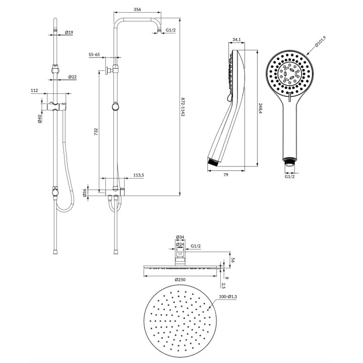 Zestaw natryskowy Omnires Yosemite, natynkowy, 2 wyjścia wody, słuchawka 5-funkcyjna, deszczownica okrągła 25cm, złoty