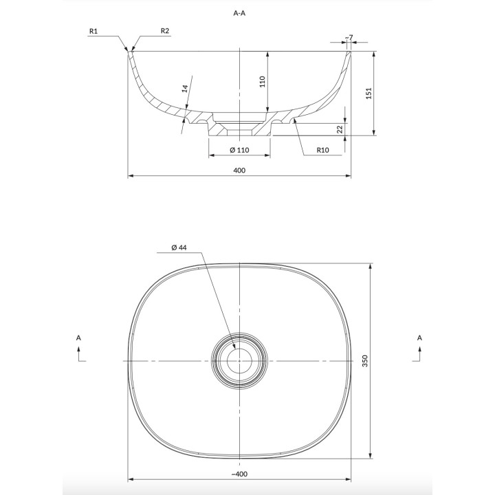 Umywalka nablatowa Omnires Cadence M+, 62x42cm, bez przelewu, biały połysk