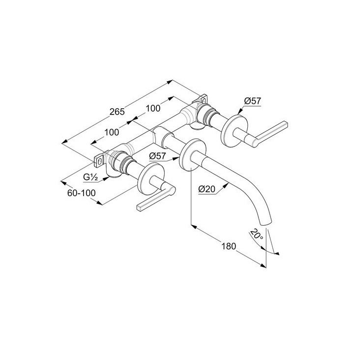 Bateria umywalkowa 3-otworowa Kludi Nova Fonte Puristic, stojąca, uchwyty proste, chrom