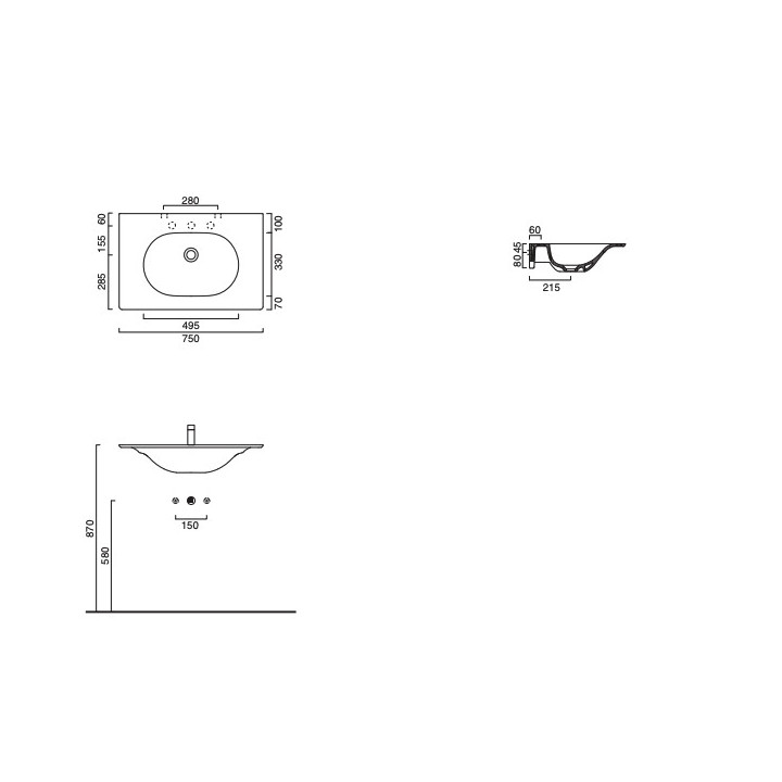 Umywalka wisząca Catalano Horizon, 75x50cm, bez przelewu, bez otworu na baterię, biały połysk