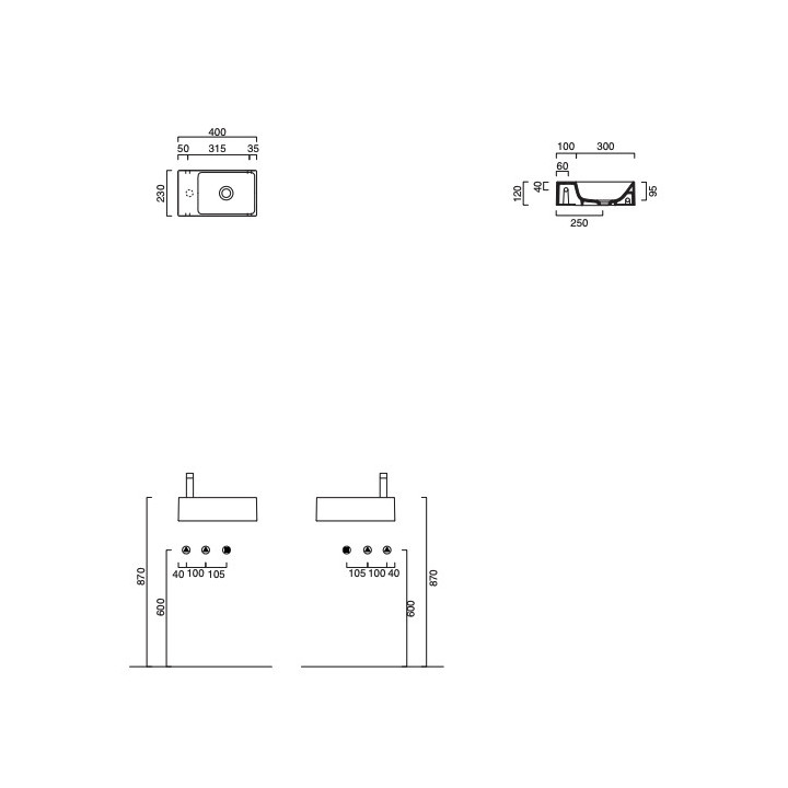 Umywalka wisząca/nablatowa Catalano Verso, 40x32cm, bez przelewu, bez otworu na baterię, biały połysk