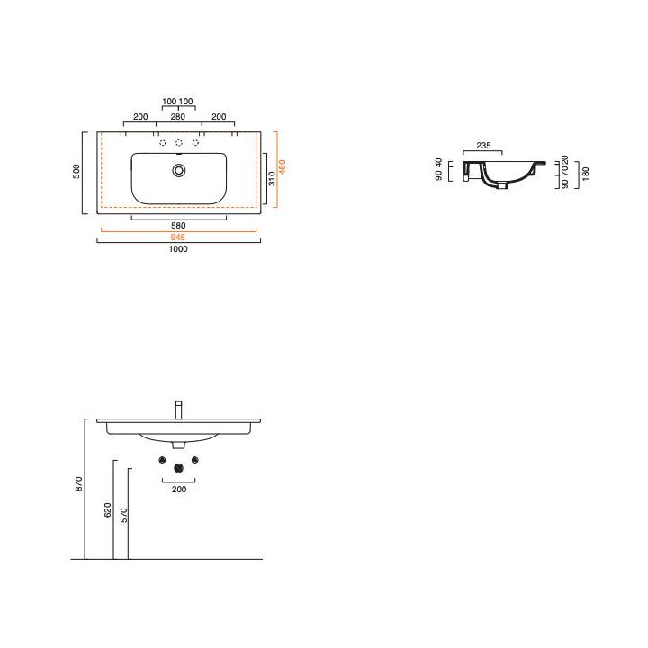 Podwójna umywalka wisząca Catalano Sfera, 125x35cm, z przelewem, bez otworu na baterię, biały połysk