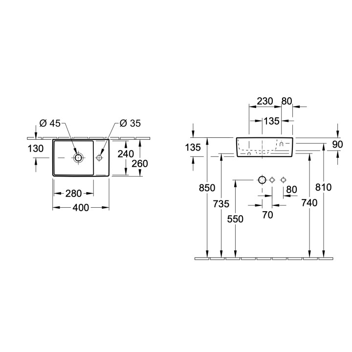 Umywalka ścienna Villeroy & Boch Memento 2.0, 40x26cm, bez przelewu, otwór na baterię, Weiss Alpin CeramicPlus
