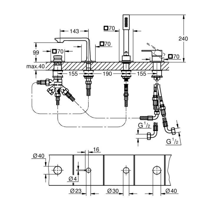 Bateria wannowa 5-otworowa Grohe Allure, 2 wyjścia wody, wylewka 143mm, chrom