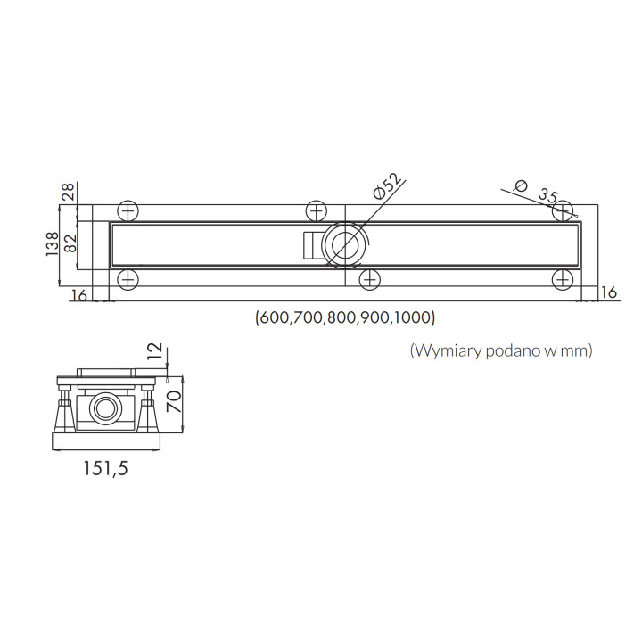 Odpływ liniowy Shedpol Base-Low, 70cm, maskownica Plate do wypełnienia płytkami, aluminium