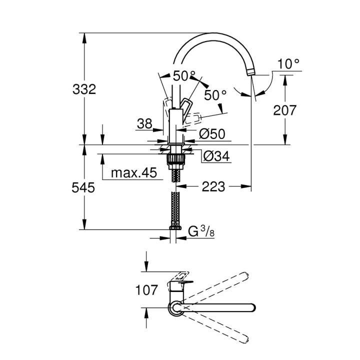 Bateria zlewozmywakowa Grohe BauLoop, stojąca, wysokość 332mm, obrotowa wylewka, chrom