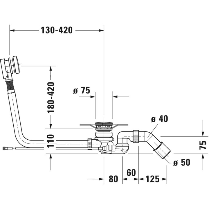 Zestaw przelewowo-odpływowy Duravit Quadroval, z napełnianiem wody, dla wanien z odpływem centralnym, chrom