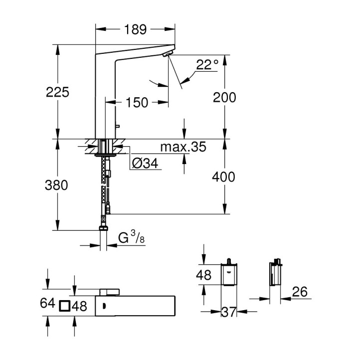 Elektroniczna bateria umywalkowa Grohe Eurocube E, stojąca, wysokość 225mm, na podczerwień, z mieszaczem, bateria 6V, chrom