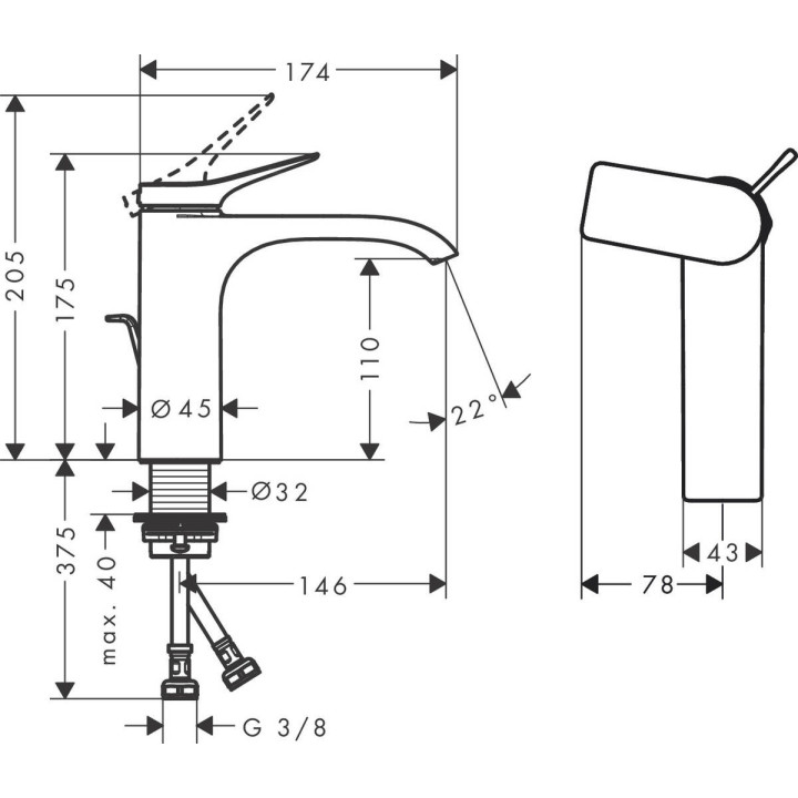 Bateria umywalkowa Hansgrohe Vivenis, stojąca, jednouchwytowa, wysokość 168mm, bez kompletu odpływowego, chrom