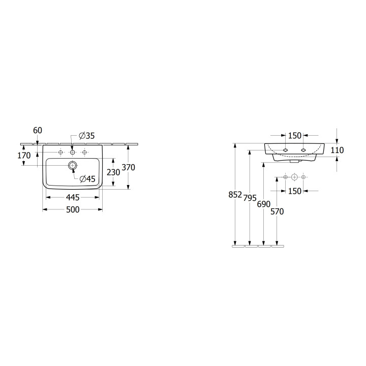 Umywalka wisząca Villeroy & Boch O.novo, 50x37cm, z przelewem, otwór na baterię, Weiss Alpin