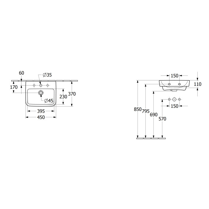 Umywalka wisząca Villeroy & Boch O.novo, 45x37cm, z przelewem, otwór na baterię, Weiss Alpin