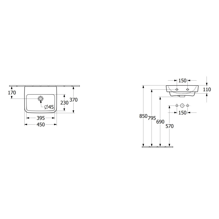Umywalka wisząca Villeroy & Boch O.novo, 45x37cm, z przelewem, otwór na baterię, Weiss Alpin
