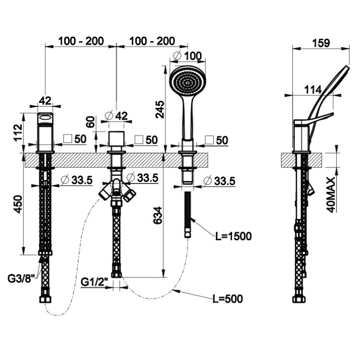 Bateria wannowa Gessi Rilievo, 3-otworowa, 2 wyjścia wody, zestaw natryskowy, chrom