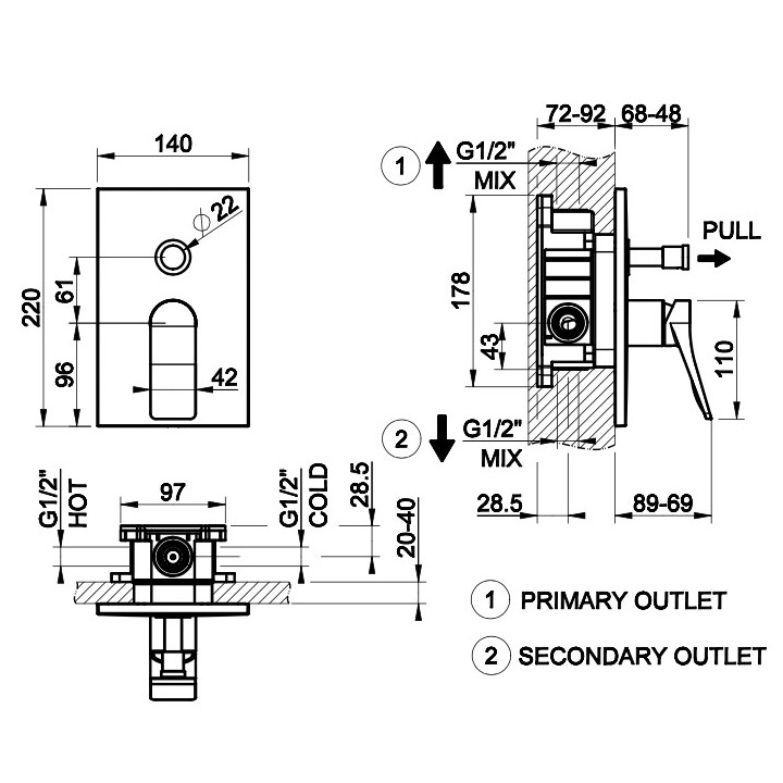 Bateria natryskowa Gessi Rilievo, podtynkowa, jednouchwytowa, element natynkowy, chrom
