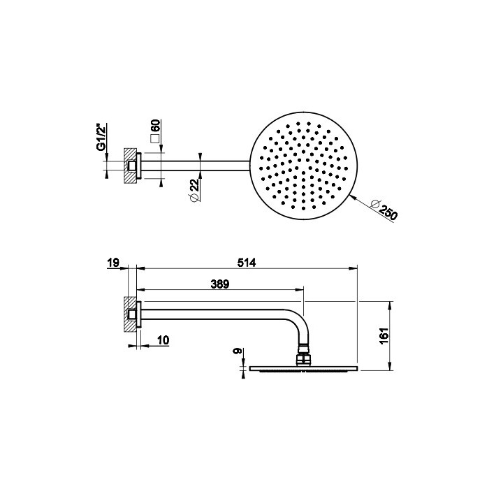 Deszczownica Gessi Rilievo, kwadratowa, 250x250mm, ramię ścienne 389mm, chrom