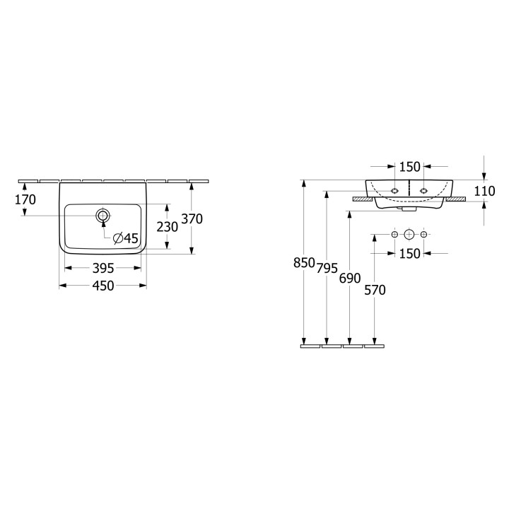 Umywalka nablatowa Villeroy & Boch O.novo, 45x37cm, z przelewem, bez otworu na baterię, Weiss Alpin