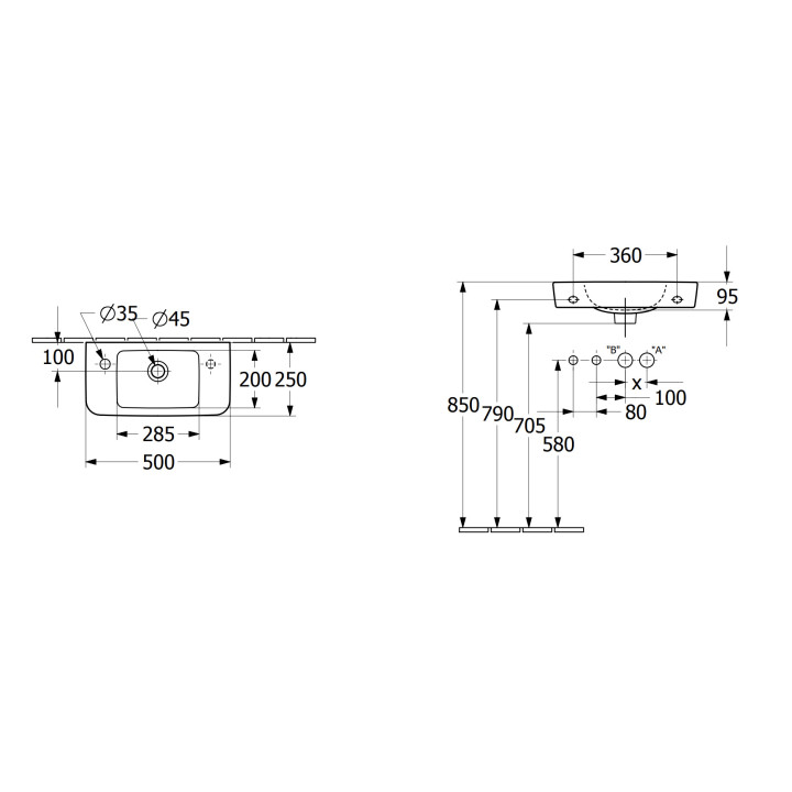 Umywalka wisząca Villeroy&Boch O.novo, 50x25cm, z przelewem, otwór na baterię, Weiss Alpin