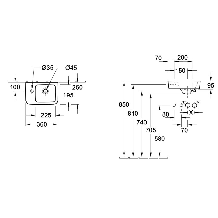 Mała umywalka wisząca Villeroy&Boch O.novo, 36x25cm, z przelewem, otwór na baterię, AntiBac, CeramicPlus, Weiss Alpin