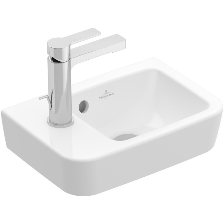 Mała umywalka wisząca Villeroy&Boch O.novo, 36x25cm, z przelewem, otwór na baterię, AntiBac, CeramicPlus, Weiss Alpin