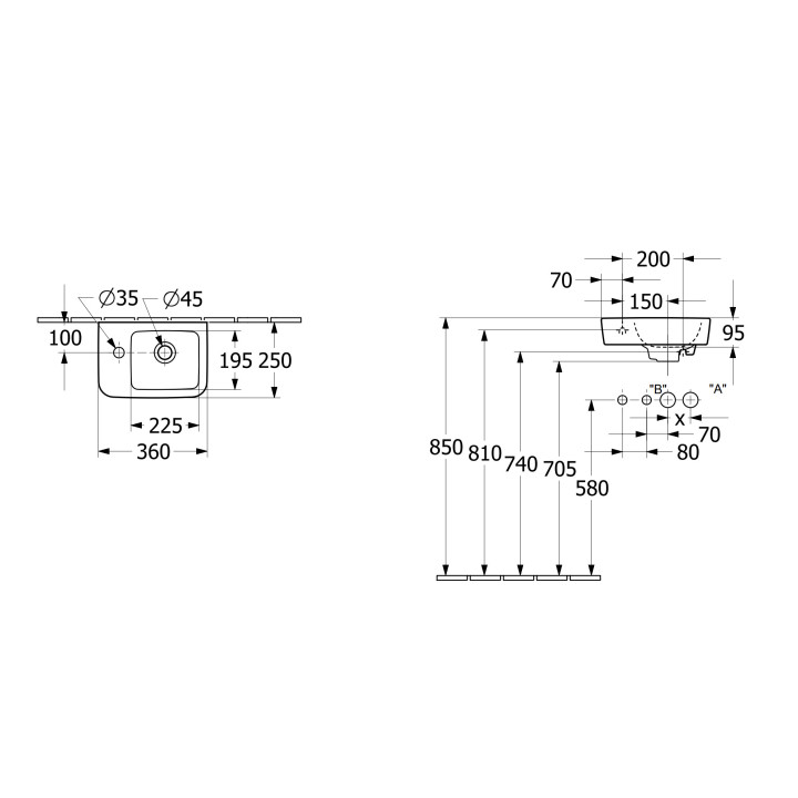 Mała umywalka wisząca Villeroy&Boch O.novo, 36x25cm, z przelewem, otwór na baterię, Weiss Alpin