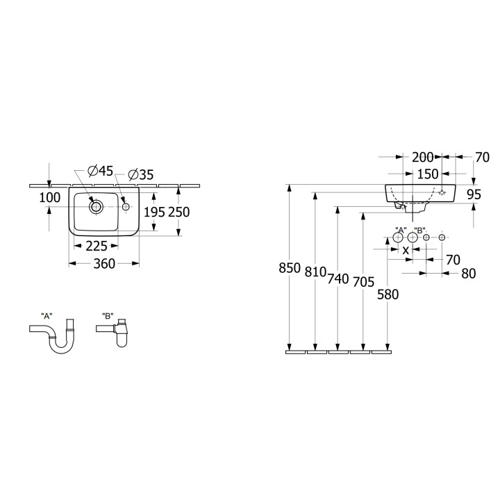 Mała umywalka wisząca Villeroy&Boch O.novo, 36x25cm, z przelewem, otwór na baterię, Weiss Alpin