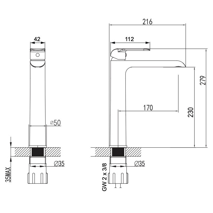 Bateria umywalkowa Omnires Sacramento, stojąca, wysokość 279mm, czarny mat