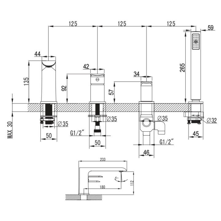 Bateria wannowa Omnires Sacramento, natynkowa, 2 wyjścia wody, wylewka 179mm, chrom