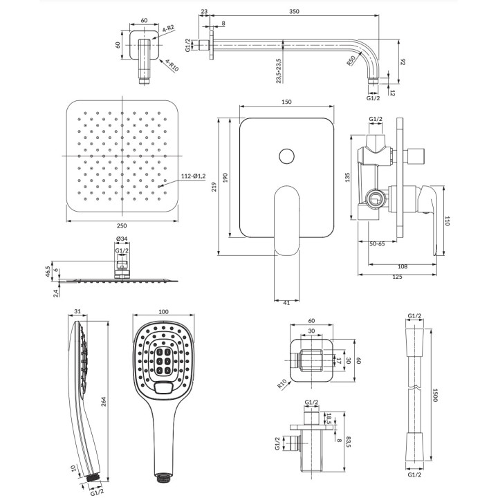 System prysznicowy Omnires Sacramento, natynkowy, 2 wyjścia wody, deszczownica 25x25cm, słuchawka 3-funkcyjna, chrom