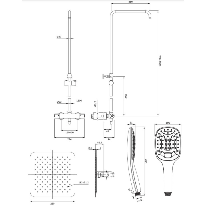 System prysznicowy Omnires Sacramento, natynkowy, 2 wyjścia wody, deszczownica 25x25cm, słuchawka 3-funkcyjna, chrom