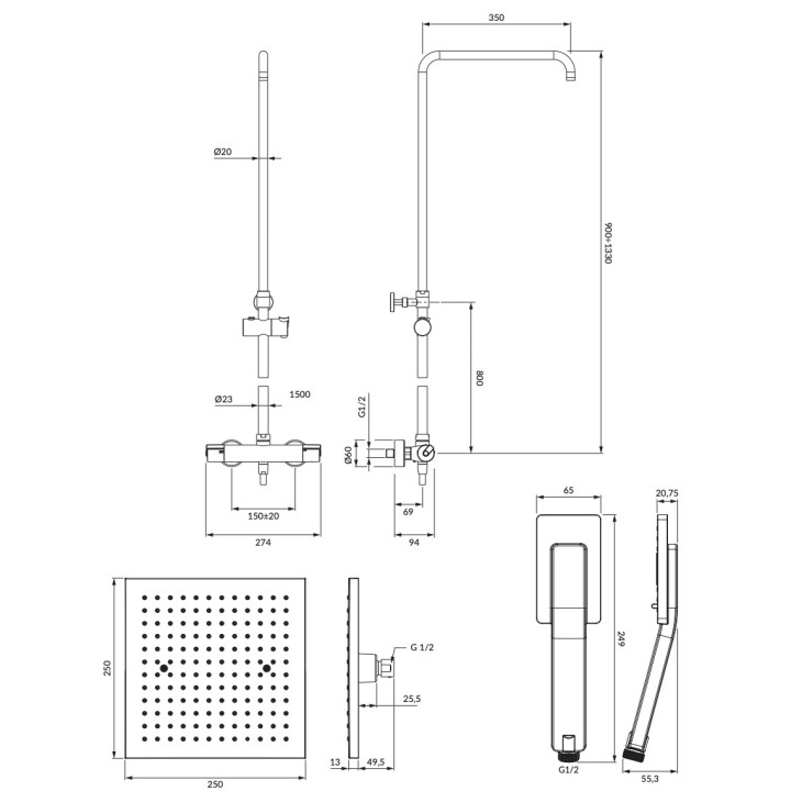 Termostatyczny system prysznicowy Omnires Y, natynkowy, 2 wyjścia wody, deszczownica okrągła 25cm, słuchawka 3-funkcyjna, chrom