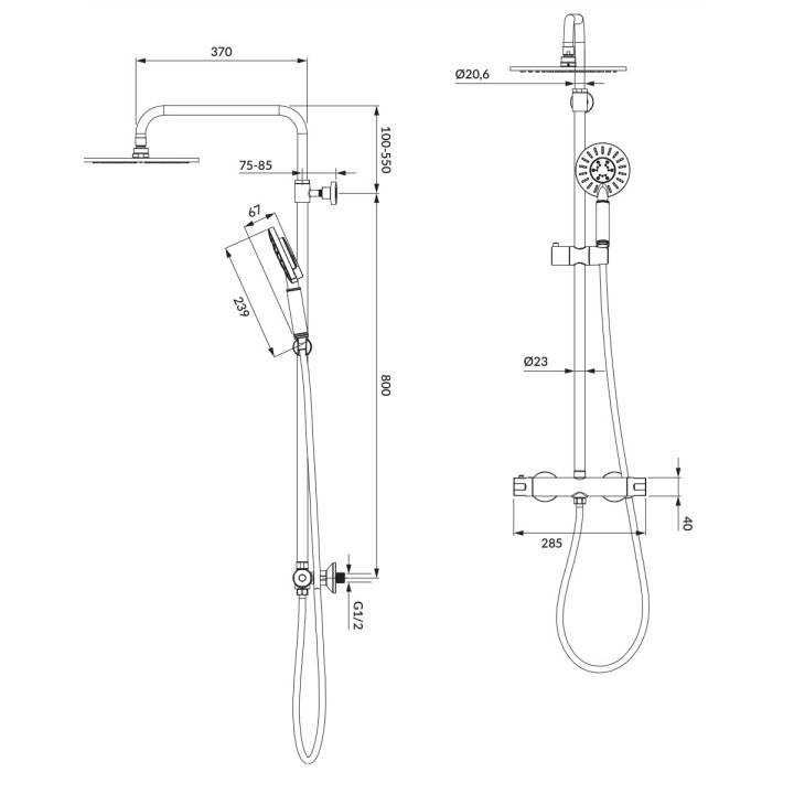 Termostatyczny zestaw natryskowy Omnires Y, natynkowy, 2 wyjścia wody, czarny mat