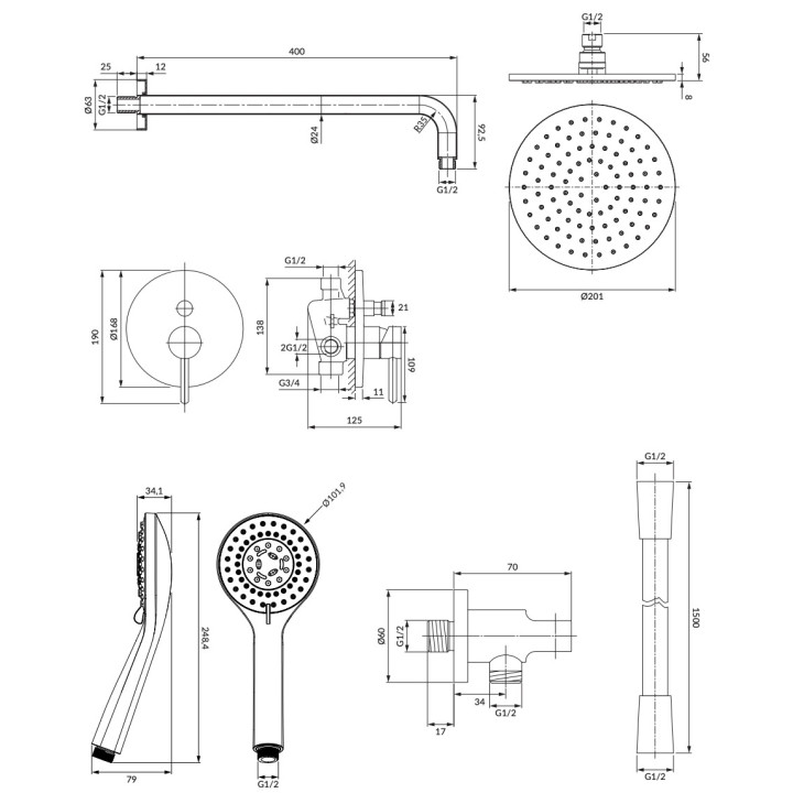Termostatyczny zestaw natryskowy Omnires Y, podtynkowy, 2 wyjścia wody, deszczownica 25cm, słuchawka 5-funkcyjna, czarny mat