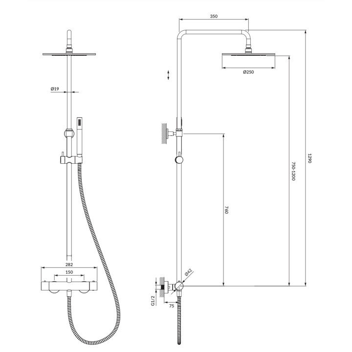 Zestaw wannowo-natryskowy Omnires Y, podtynkowy, wylewka 21cm, 2 wyjścia wody, grafit