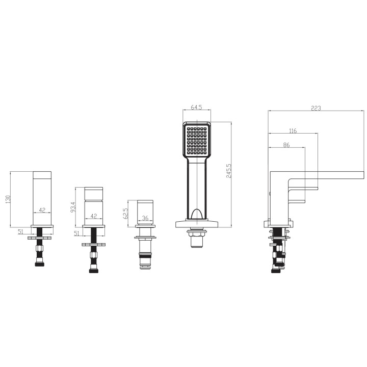 Bateria wannowa Omnires Baretti, natynkowa, 2 wyjścia wody, wylewka 184mm, chrom