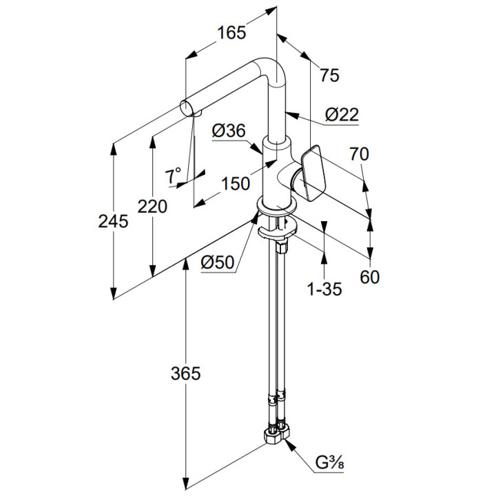 Bateria umywalkowa Kludi Pure&Style, stojąca, sterowanie boczne, wysokość 245mm, obracana wylewka, bez zestawu odpływowego, chro