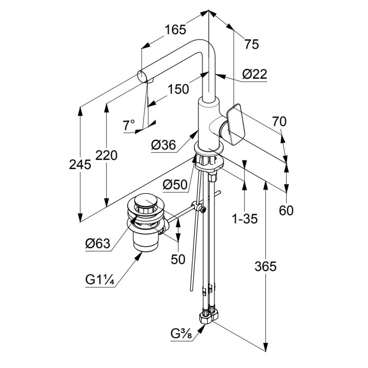 Bateria umywalkowa Kludi Pure&Style, stojąca, sterowanie boczne, wysokość 245mm, obracana wylewka, bez zestawu odpływowego, chro